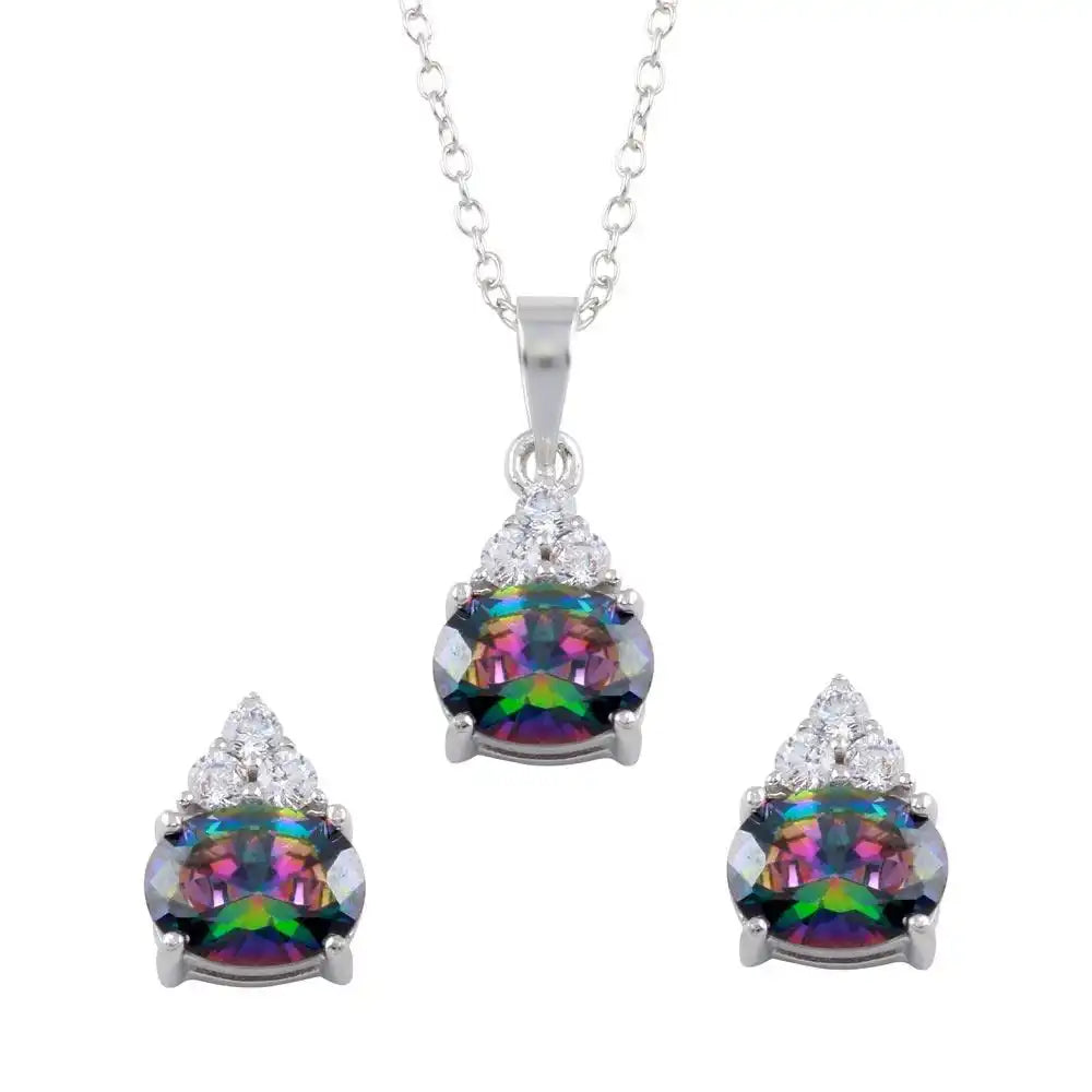 925 Sterling Silver Rhodium Plated Teardrop Synthetic Mystic Topaz CZ Set