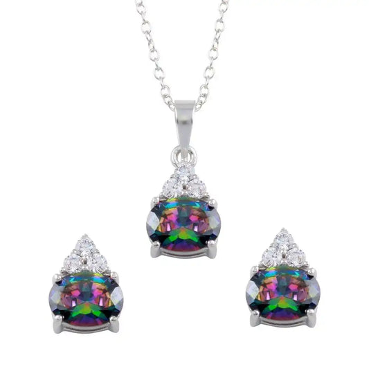 925 Sterling Silver Rhodium Plated Teardrop Synthetic Mystic Topaz CZ Set