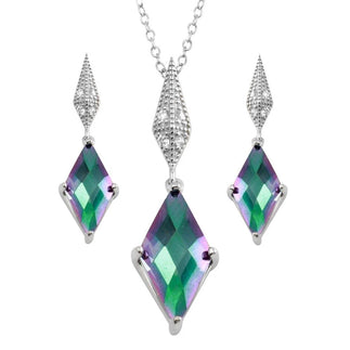 925 Sterling Silver Rhodium Plated Diamond Shape Synthetic Mystic Topaz CZ Set