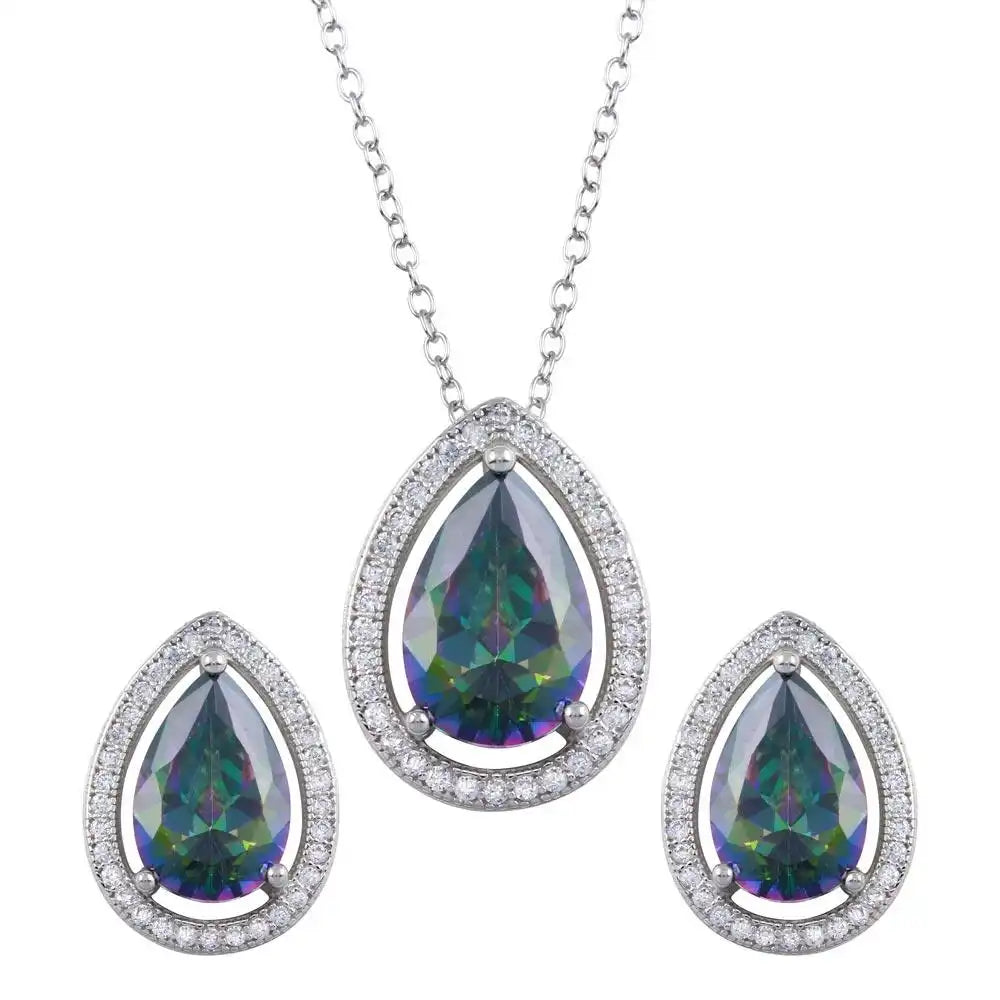 925 Sterling Silver Rhodium Plated Halo Teardrop Synthetic Mystic Topaz CZ Set