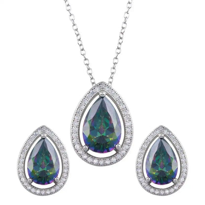 925 Sterling Silver Rhodium Plated Halo Teardrop Synthetic Mystic Topaz CZ Set
