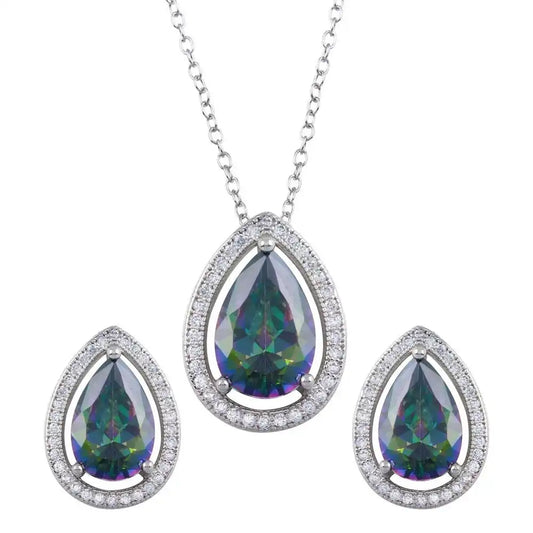 925 Sterling Silver Rhodium Plated Halo Teardrop Synthetic Mystic Topaz CZ Set