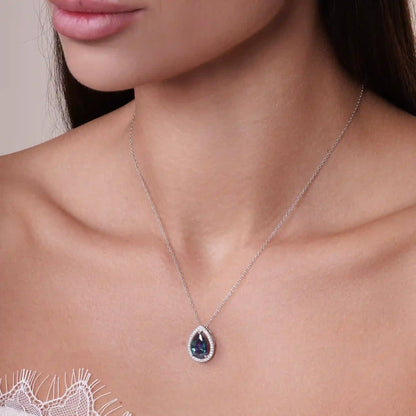 925 Sterling Silver Rhodium Plated Halo Teardrop Synthetic Mystic Topaz CZ Set
