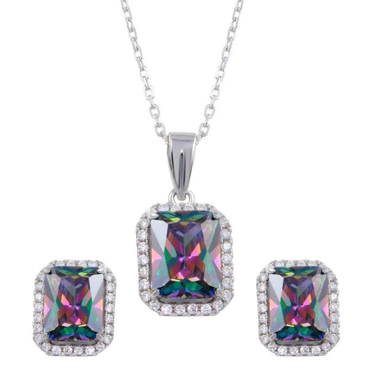 925 Sterling Silver Rhodium Plated Halo Rectangle Synthetic Mystic Topaz CZ Set