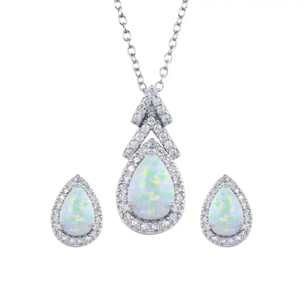 925 Sterling Silver Rhodium Plated Synthetic Opal Teardrop CZ Set