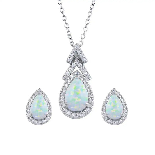 925 Sterling Silver Rhodium Plated Synthetic Opal Teardrop CZ Set