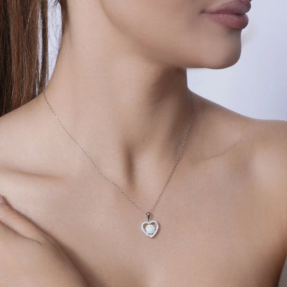 925 Sterling Silver Rhodium Plated Synthetic Opal Heart CZ Set