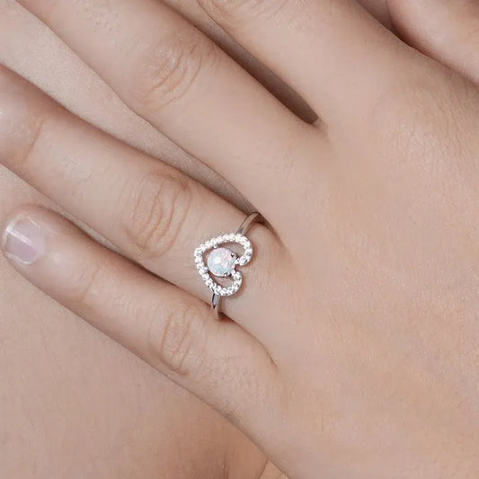 925 Sterling Silver Rhodium Plated Heart Synthetic Opal Center CZ Ring