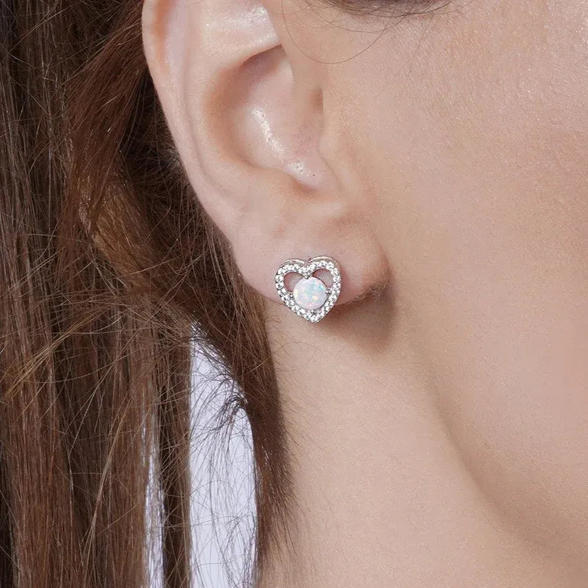 925 Sterling Silver Rhodium Plated Synthetic Opal Heart CZ Set