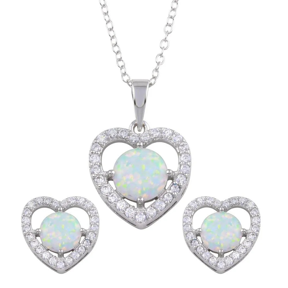 925 Sterling Silver Rhodium Plated Synthetic Opal Heart CZ Set