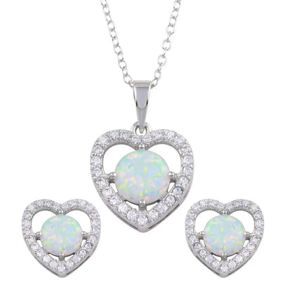 925 Sterling Silver Rhodium Plated Synthetic Opal Heart CZ Set