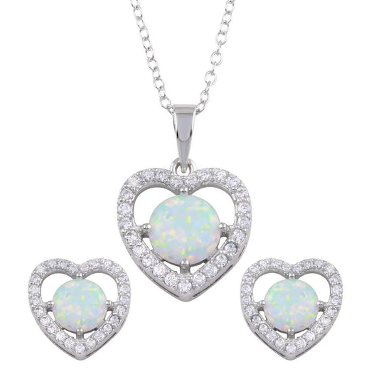 925 Sterling Silver Rhodium Plated Synthetic Opal Heart CZ Set