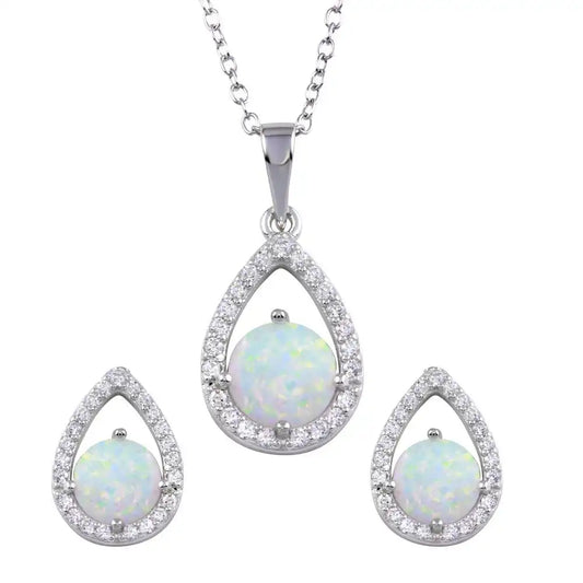 925 Sterling Silver Rhodium Plated Synthetic Opal Open Teardrop CZ Set