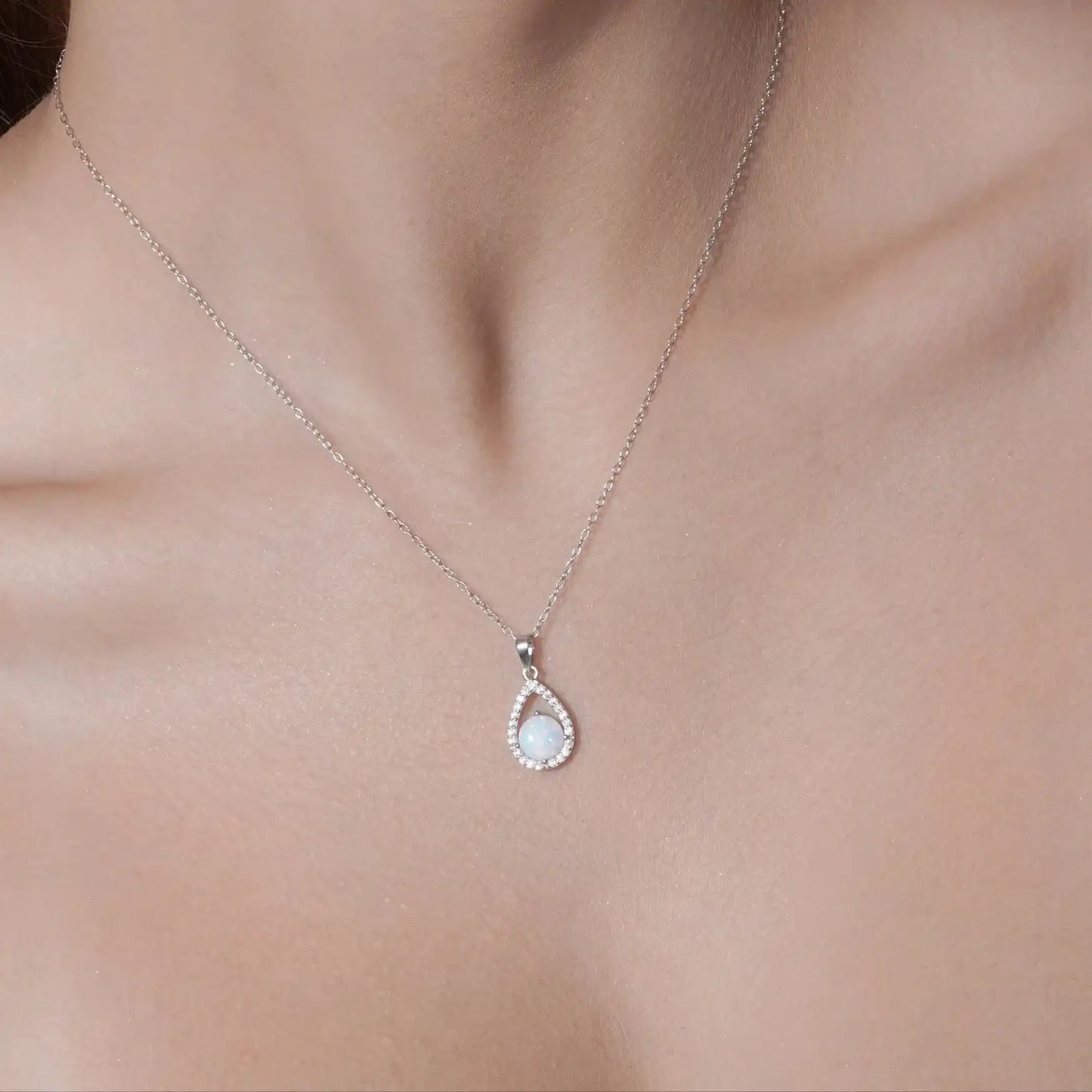 925 Sterling Silver Rhodium Plated Synthetic Opal Open Teardrop CZ Set