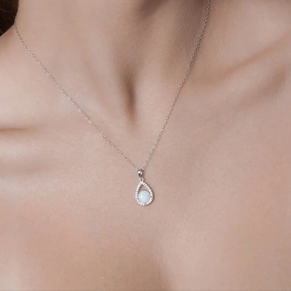 925 Sterling Silver Rhodium Plated Synthetic Opal Open Teardrop CZ Set