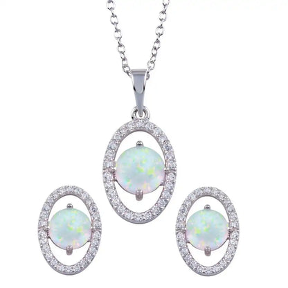 925 Sterling Silver Rhodium Plated Synthetic Opal Center Open Oval CZ Set