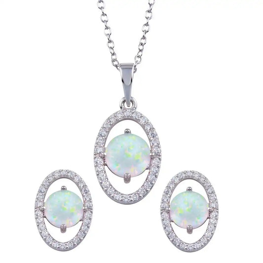 925 Sterling Silver Rhodium Plated Synthetic Opal Center Open Oval CZ Set