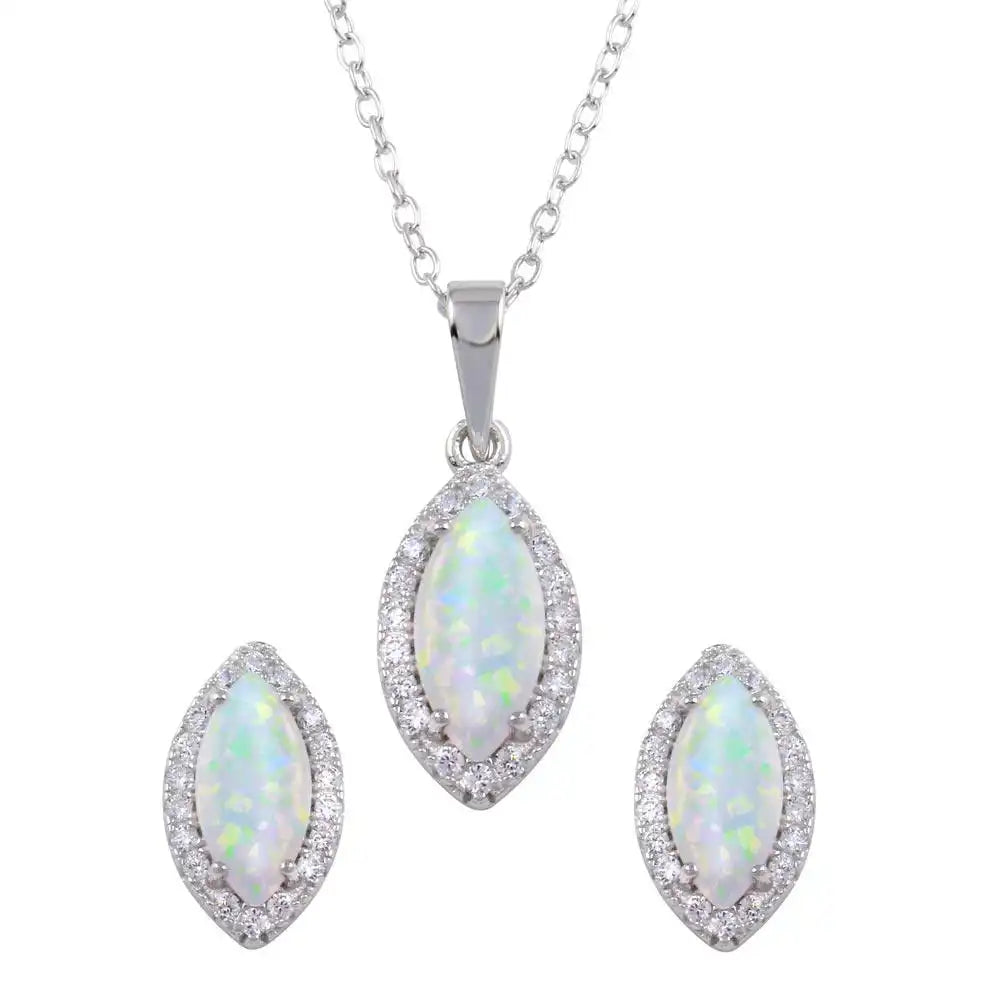 925 Sterling Silver Rhodium Plated Synthetic Opal Center Marquise Shape CZ Set