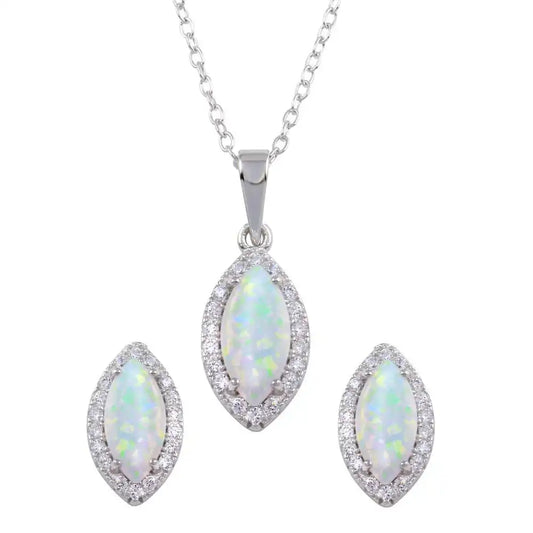 925 Sterling Silver Rhodium Plated Synthetic Opal Center Marquise Shape CZ Set