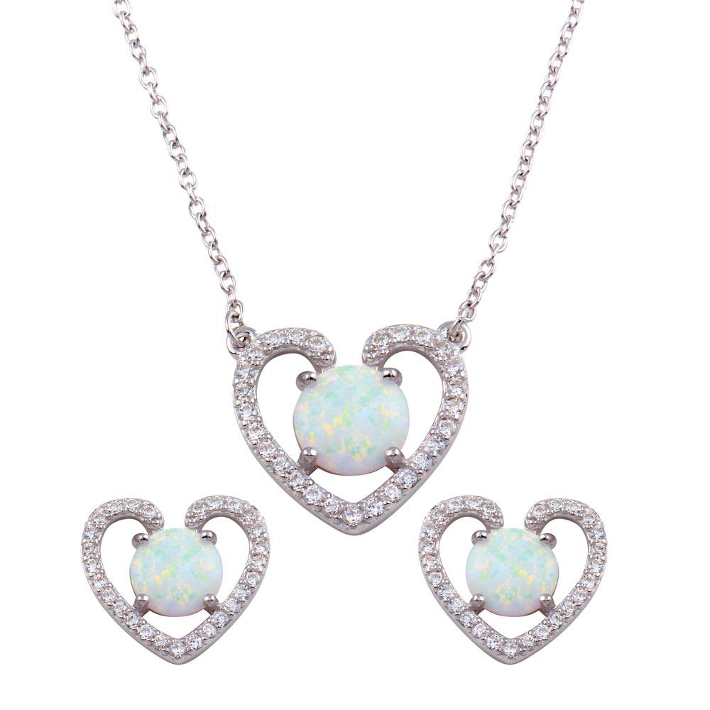 925 Sterling Silver Rhodium Plated Synthetic Opal Open Heart CZ Set