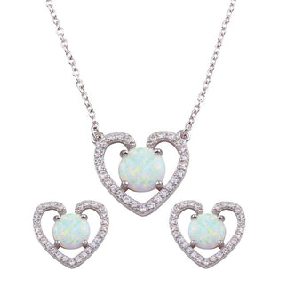 925 Sterling Silver Rhodium Plated Synthetic Opal Open Heart CZ Set