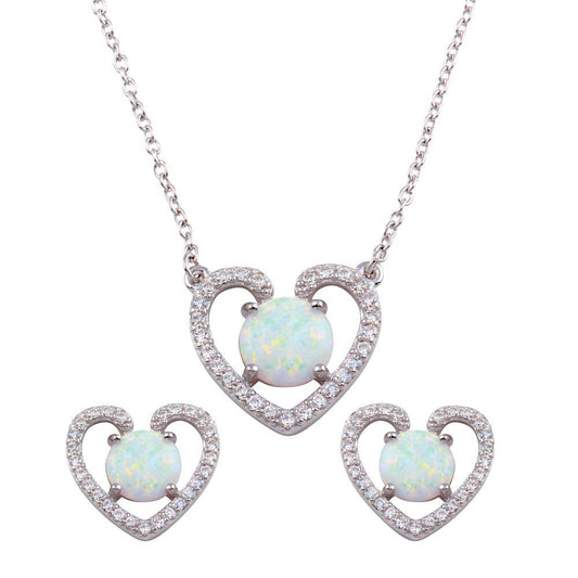 925 Sterling Silver Rhodium Plated Synthetic Opal Open Heart CZ Set