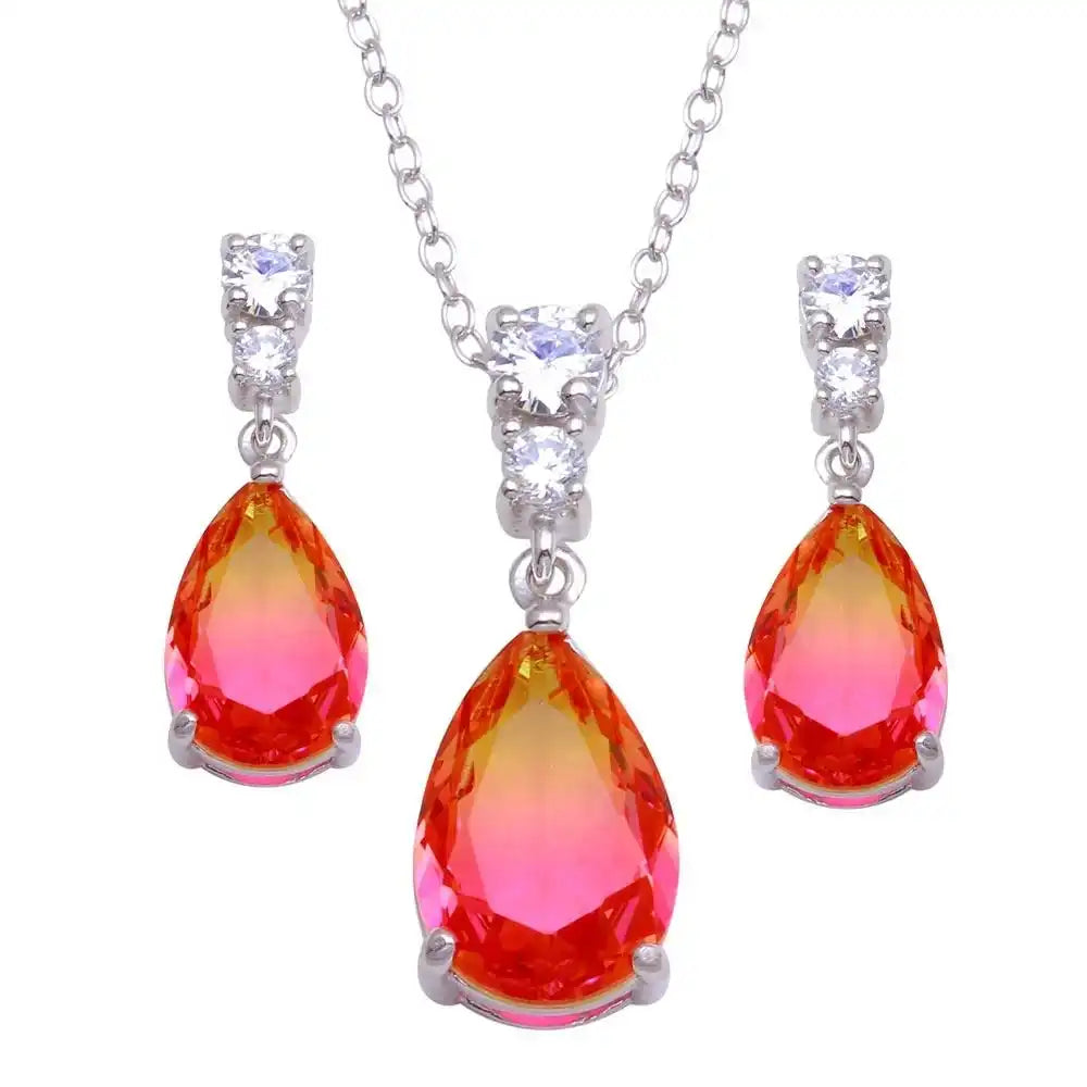 925 Sterling Silver Rhodium Plated Teardrop Gradient Pink Orange CZ Set