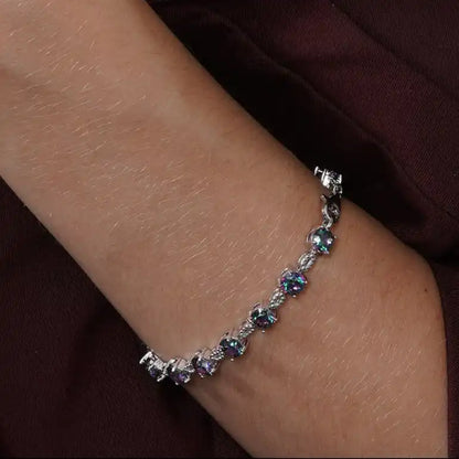925 Sterling Silver Rhodium Plated Synthetic Mystic Topaz Link Tennis Bracelet