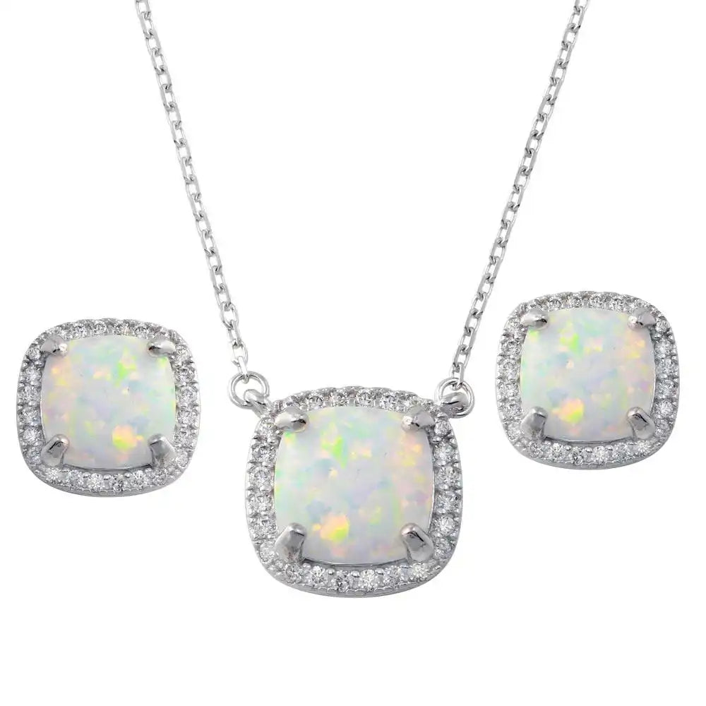 925 Sterling Silver Rhodium Plated Square Synthetic Opal Halo Set with CZ