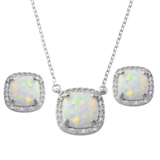 925 Sterling Silver Rhodium Plated Square Synthetic Opal Halo Set with CZ
