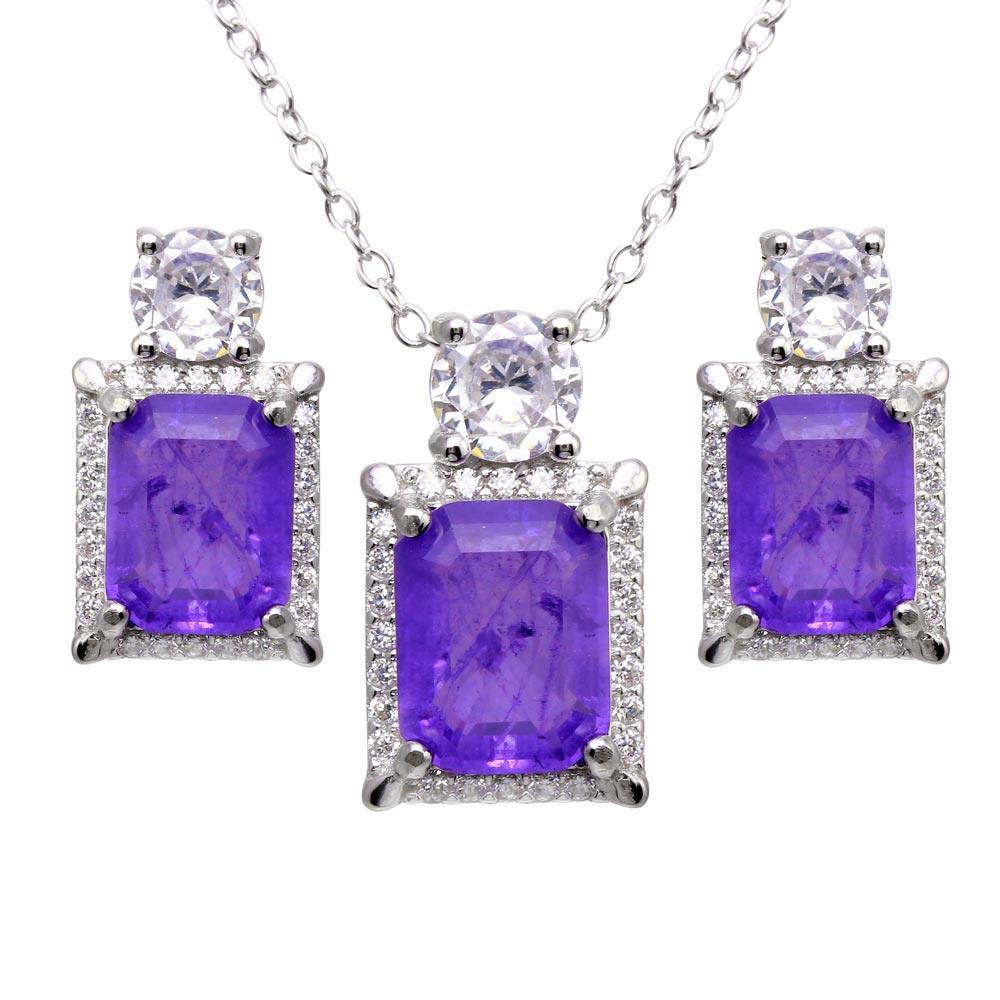 925 Sterling Silver Rhodium Plated Rectangle Purple Halo CZ Set