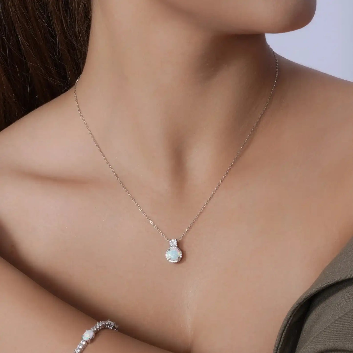 925 Sterling Silver Rhodium Plated Round Synthetic Opal Halo Set with CZ