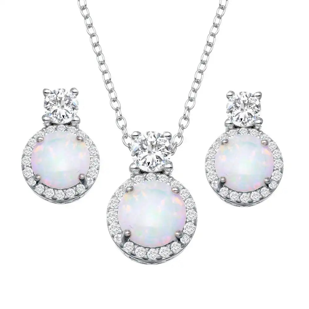 925 Sterling Silver Rhodium Plated Round Synthetic Opal Halo Set with CZ