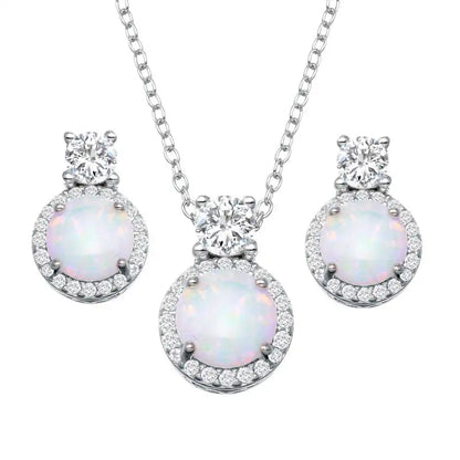 925 Sterling Silver Rhodium Plated Round Synthetic Opal Halo Set with CZ