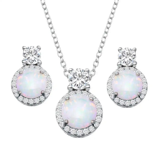 925 Sterling Silver Rhodium Plated Round Synthetic Opal Halo Set with CZ