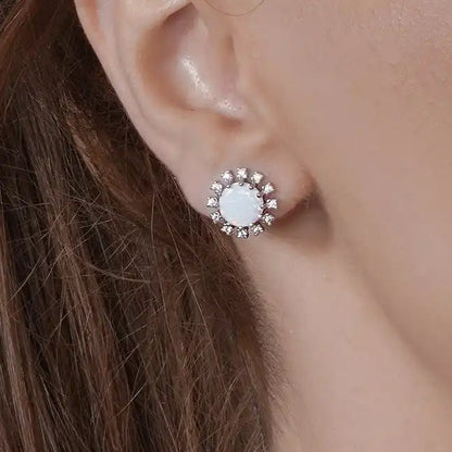 925 Sterling Silver Rhodium Plated Flower Synthetic Opal Halo Set with CZ