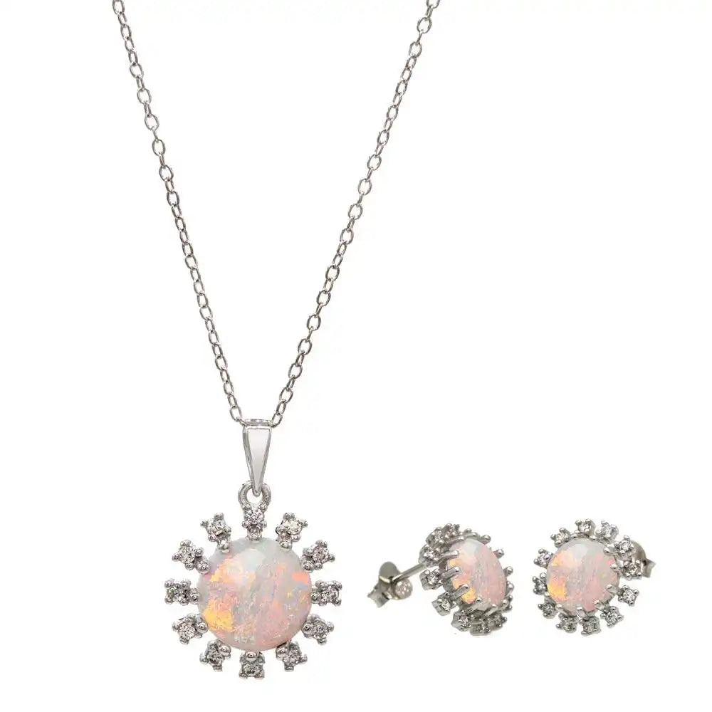 925 Sterling Silver Rhodium Plated Flower Synthetic Opal Halo Set with CZ