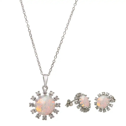 925 Sterling Silver Rhodium Plated Flower Synthetic Opal Halo Set with CZ