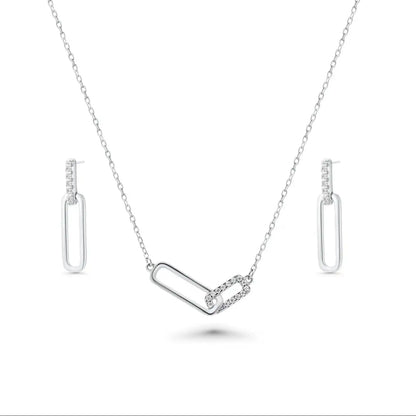 925 Sterling Silver Rhodium Plated Bar Necklace and Earring Set with Clear CZ Stones