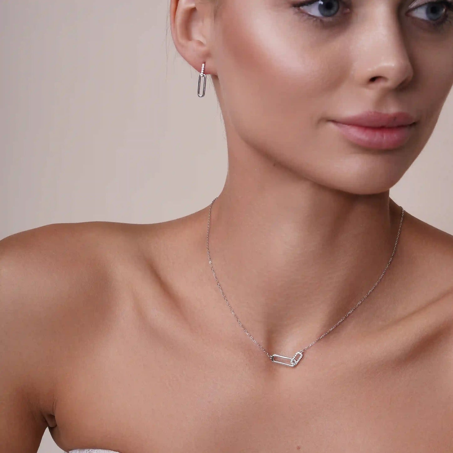 925 Sterling Silver Rhodium Plated Bar Necklace and Earring Set with Clear CZ Stones
