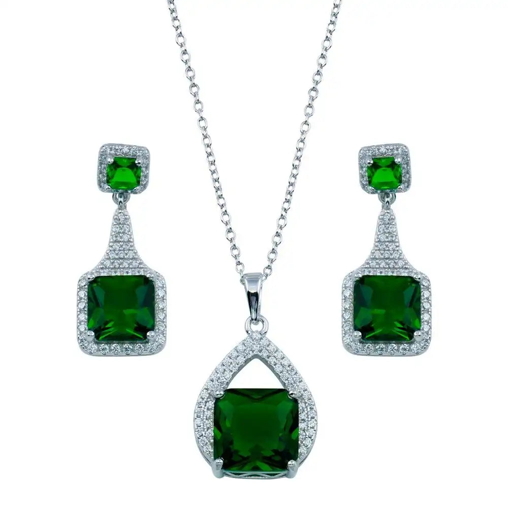 925 Sterling Silver Rhodium Plated Teardrop Pendant Square Earring Green CZ Set
