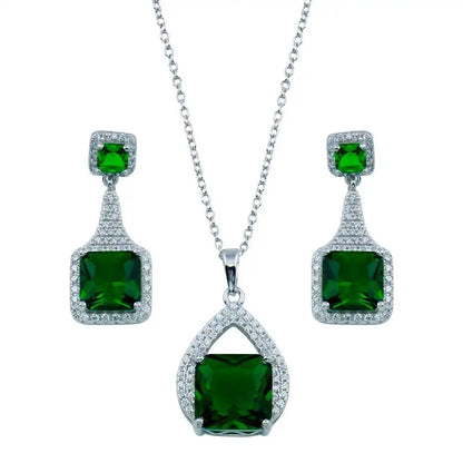 925 Sterling Silver Rhodium Plated Teardrop Pendant Square Earring Green CZ Set
