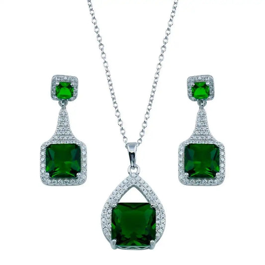 925 Sterling Silver Rhodium Plated Teardrop Pendant Square Earring Green CZ Set