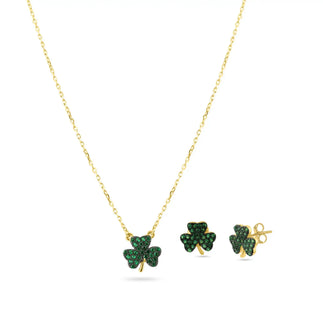 925 Sterling Silver Clearance-Gold Plated Mini Green Clover Set with CZ