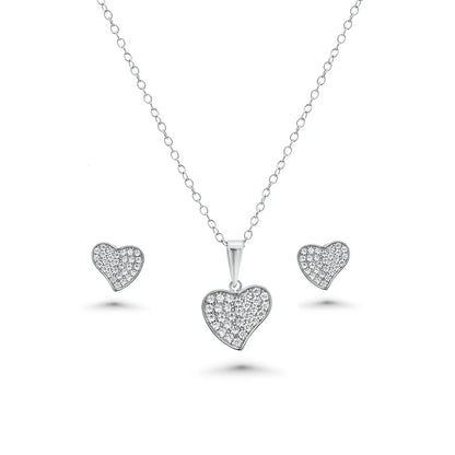 925 Sterling Silver Rhodium Plated Curved Heart Necklace and Earring Set with Clear CZ Stones