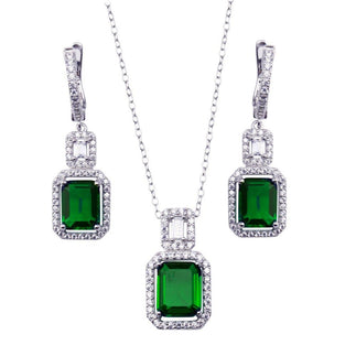 925 Sterling Silver Rhodium Plated Square Emerald Center CZ Stone Set