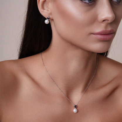 925 Sterling Silver Rhodium Plated Red CZ Heart Dangling Pearl Set