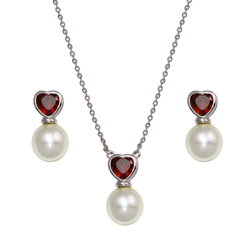 925 Sterling Silver Rhodium Plated Red CZ Heart Dangling Pearl Set