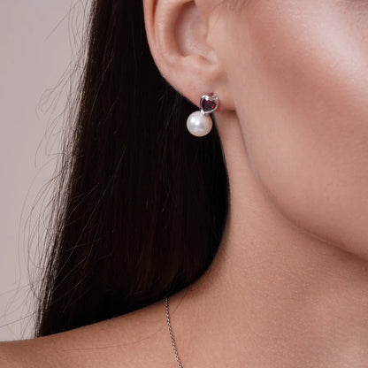 925 Sterling Silver Rhodium Plated Red CZ Heart Dangling Pearl Set