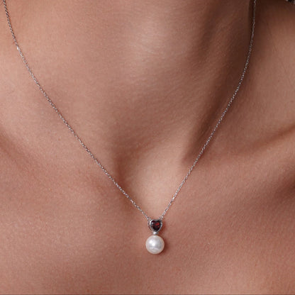 925 Sterling Silver Rhodium Plated Red CZ Heart Dangling Pearl Set